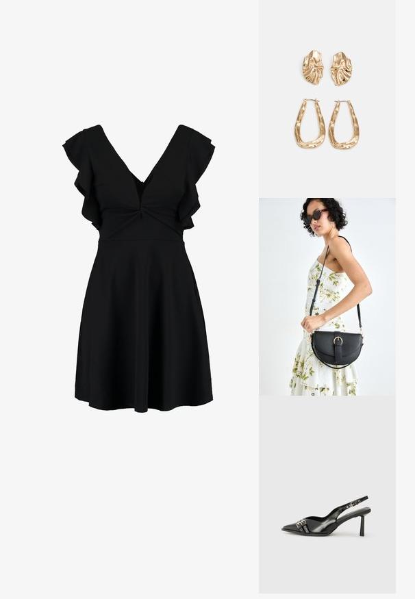 Crna haljina s V-izrezom, kratkim volanima i uskim korzetom. Suknja se širi prema dolje, napravljena od glatkog, laganog materijala.; Crna lakirana slingback cipela s izduženim vrhom, remenčićima oko gležnja s srebrnim kopčama i dijelovima, te vitkim potplatom.; Crna kožna torba s lukovitim oblikom, odvojivim remenom i zlatnim detaljima. Torba ima preklop s kopčom.; Naušnice zlatne boje s teksturiranim, valovitim oblicima. Uključuju skulpturalne kopče i dizajn otvorene kružnice s kovanom završnom obradom.