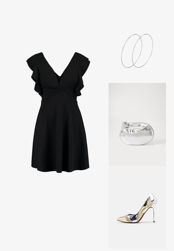 Mustra mustriga mustriga mustriga minikleid, millel on V-kaelus, lühikesed volangiga varrukad ja istuv bodi. Seelik laieneb, olles valmistatud sujuvast, kergekaalulisest kangast.; Kitsas toe kõrge kontsaga kingad, millel on hõbedane, kuldne ja nude värvilahendus. Läikiv viimistlus lõikekujundusega, stiletto konts.; Hõbedane metallikoti kott pehme, ümar kuju ja sõlme ülemise sulgemisega. Valmistatud siledast kunstnahast materjalist.; Hõbedased rõngastikkaehingad minimalistlikus disainis. Ümar kuju, sile tekstuur ja õhuke profiil. Kerged ning poleeritud viimistlusega.