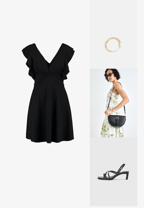 Crna haljina s V-izrezom, kratkim volanima i uskim korzetom. Suknja se širi prema dolje, napravljena od glatkog, laganog materijala.; Crne sandale s trakama, kvadratnim prstom i niskom blok petom. Ima više tankih trakica i podesivu trakicu oko gležnja. Izrađene su od glatke kože.; Crna kožna torba s lukovitim oblikom, odvojivim remenom i zlatnim detaljima. Torba ima preklop s kopčom.; Prsten u zlatnoj nijansi s organskim, uvijenim dizajnom, glatkom teksturom i suženim krajevima, koji stvara moderan, skulpturalni izgled.