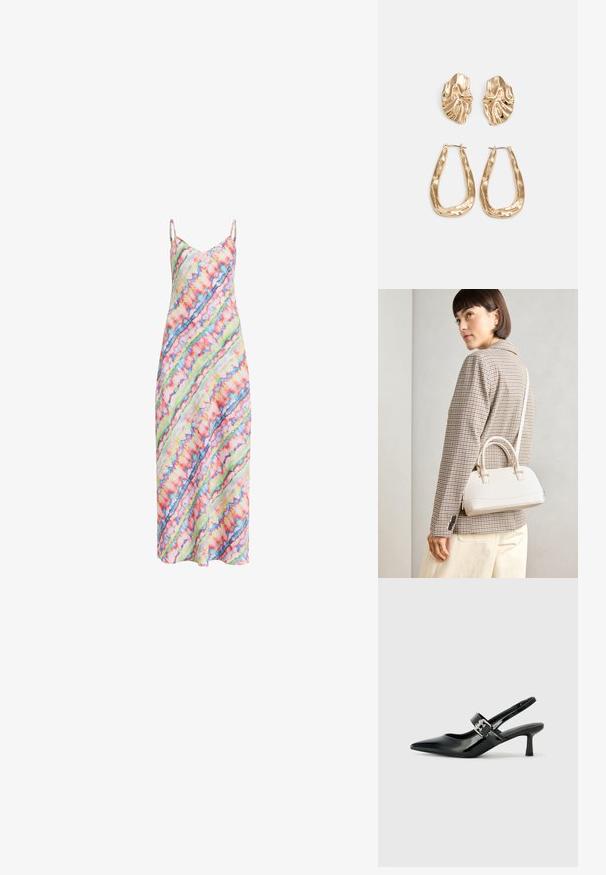 O rochie colorată, fără mâneci, cu un model diagonal de tie-dye în nuanțe de roz, verde, albastru și alb, cu bretele subțiri.; Sandale cu toc din piele patent neagră, cu vârful ascuțit și un toc mic bloc, având un accent cu cataramă argintie pe curea.; Geantă structurată albă, cu mânere scurte și curea de umăr, având accente din metal aurit și material texturat, expusă pe un fundal gri.; Cercei aurii cu forme texturate și ondulate. Include studs sculpturale cu clip și un design de cerc deschis cu un finisaj cioplit.