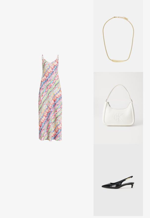 Barevné bezrukávové šaty s diagonálním tie-dye vzorem v odstínech růžové, zelené, modré a bílé, s tenkými ramínky.; Černé kožené boty na podpatku s otevřenou patou a špičatou špičkou, s tenkým podpatkem a zlatým akcentem na nastavitelném pásku. Hladký povrch.; Bílá kožená kabelka s křivkovým tvarem, na přední straně s vyraženým logem "CK" a jediným ramenním popruhem. Zipový uzávěr na vrchu.; Zlatem pokovený náhrdelník s hladkým, zakřiveným centrálním akcentem. Disponuje flexibilním řetízkem s karabinovým zapínáním a dodatečnými nastavitelnými články řetězu.