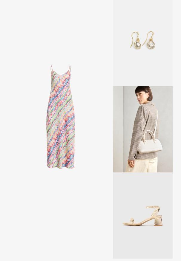 Spalvinga, be rankovių suknelė, pasižyminti įstrižiniu tinklelio raštu rožinės, žalios, mėlynos ir baltos spalvų atspalviais, su plonomis petnešėlėmis.; Aukso metalinis kulnas sandalai su kampiniu bloku, dviem dirželiais virš pėdos ir reguliuojamu kulkšnies dirželiu. Lygus paviršius.; Balta struktūruota rankinė su trumpomis rankenomis ir peties diržu, su auksinėmis detalėmis ir tekstūruota medžiaga, pastatyta prieš pilką foną.; Aukso spalvos auskarai su ovalo formos skaidriais kristalais, apjuostais mažesniais skaidriais akmenukais, su kabliuko dizainu, užtikrinančiu saugų dėvėjimą.