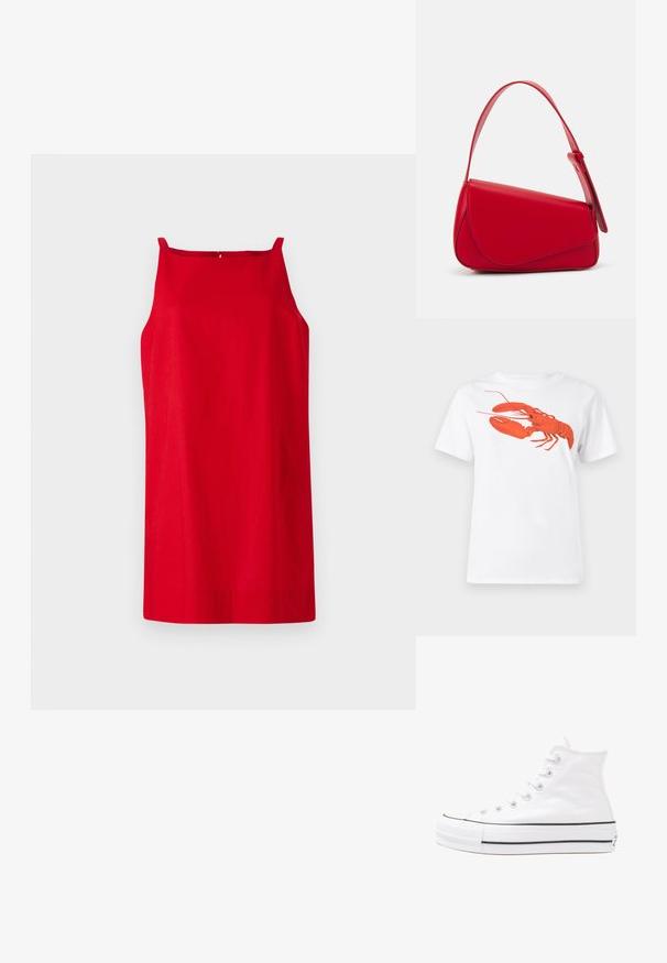 Rotes ärmelloses Kleid mit geradem Schnitt, aus glattem Stoff. Verfügt über dünne Schulterträger und ein dezentes Rückennaht-Detail.; Weißes Baumwoll-T-Shirt mit einem großen, leuchtend roten Hummer-Design auf der Vorderseite. Mit kurzen Ärmeln und klassischem Rundhalsausschnitt.; Weiße hochwertige Leinensneaker mit schwarzer Gummisohle, vorderem Gummizehenschutz und sechs Ösen für Schnürsenkel, die ein sauberes, minimalistisches Design aufweisen.; Rote Lederhandtasche mit einem kantigen, geometrischen Design. Verfügt über einen verstellbaren Schulterriemen und einen Klappenverschluss mit genähten Details.