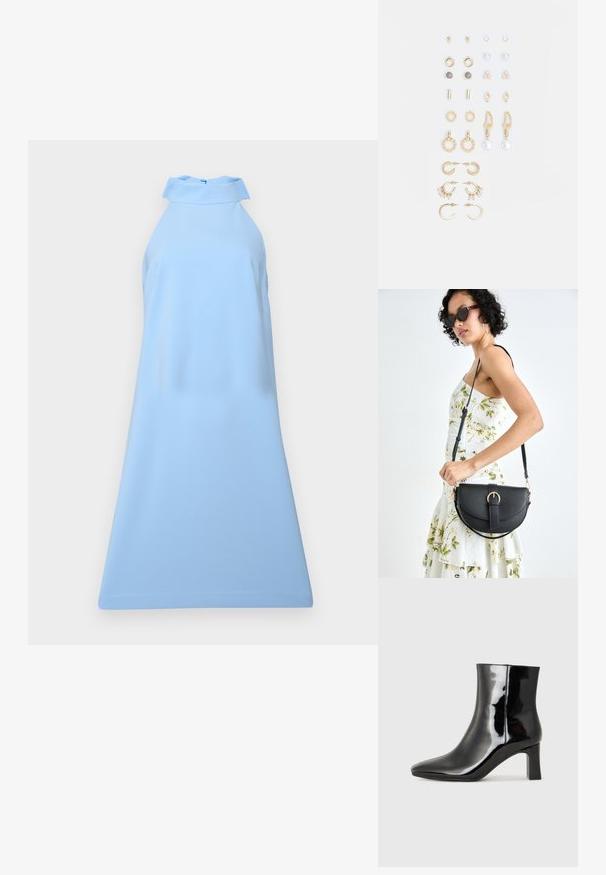 Világoskék, hosszú nyakú ruha sima anyagból; illeszkedő felsőrésszel és bővülő szegéllyel rendelkezik, minimalista design, minta vagy díszítés nélkül.; Fekete lakk bőrcipő bokáig érő, hegyes orral és közepes magasságú tömbsarokkal. Simább textúrával és minimalista dizájnnal rendelkezik.; Fekete bőrtáska ívelt formával, levehető pánttal és arany színű fémrészekkel. A táskán egy csattal díszített fedél található.; Arany tónusú fülbevalók szettje, amely különféle mintákat tartalmaz, beleértve a stift fülbevalókat, karikákat és gyöngyökkel és strasszokkal díszített hosszú fülbevalókat.