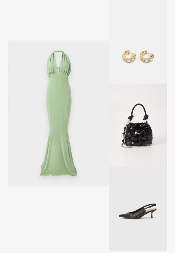 Haaltereck, fitted iltavis täiskleit heledast rohelisest kangast. Omab ruudukujulist dekolteed, kortsutatud rinda ja laiendatud seelikut. Siledat tekstuuri.; Musta nahkainen slingback-avokärkikorkokenkä, jossa kärkiosa on terävä, pieni korko ja koristeelliset metalliset yksityiskohdat etureunassa. Sileä pinta.; Mustan paljetti-minilaukku, jossa on solmittu teksturoidu hihna ja hopeaketju. Pyöreä muoto, joissa on rypistetty yläosa ja heijastava yksityiskohta.; Kultaiset ympyräkorvakorut, joissa on tekstiurakuviointi ja kolme kirkasta kristallikoristetta yhdellä puolella, tarjoavat modernin geometrisen estetiikan.
