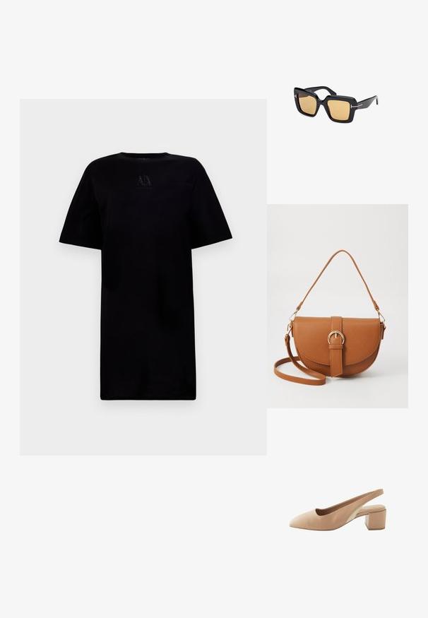 Mustat crew-neck t-paita, jossa on lyhyet hihat ja logoyksityiskohta rinnassa. Valmistettu pehmeästä kankaasta ja rento istuvuus.; Beige slingback-korkokenkä, jossa on terävä kärki, valmistettu sileästä nahasta. Varustettu lohkaremmillä ja kontrastivärisellä paneelilla sivussa.; Mustat ylisuuret aurinkolasit neliömäisillä kehyksillä, ruskeat sävytetyt linssit, minimaaliset metallikoristeet ja hieman paksummat templet.; Ruskean nahkainen olkalaukku, jossa on kaareva muoto, kultaiset yksityiskohdat ja solkiyksityiskohta. Varustettu irrotettavalla olkahihnalla.