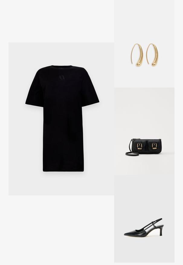 T-shirt preta de gola redonda com mangas curtas, apresentando um detalhe de logótipo no peito. Feita de um tecido macio com um corte descontraído.; Salto slingback em patente preta com bico apontado, apresentando um padrão de pele de cobra texturizado, tira ajustável e um salto bloco curto e texturizado.; Bolsa de ombro em couro preto com dois bolsos frontais, fivelas douradas, fecho de zíper e uma alça fina. Superfície texturizada e forma retangular compacta.; Brincos em metal dourado com forma de arco alongado e curvado. Apresentam uma superfície lisa e brilhante, com uma ponta arredondada para um detalhe adicional.