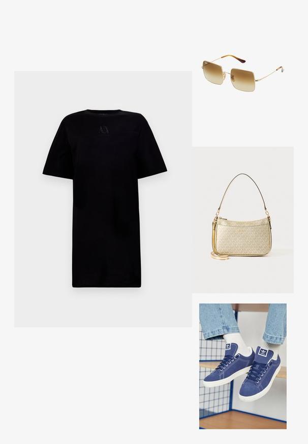 Crna majica s kratkim rukavima i okruglim izrezom, sa detaljem loga na prsima. Napravljena od mekanog materijala s opuštenim krojem.; Tamno plavi Adidas tenisice od antilopa, s bijelim gumenim đonovima, okruglim vrhovima i logom na jeziku. Svijetlosive čarape su vidljive.; Kvadratne sunčane naočale s gradijentnim smešnim staklima, zlatnim metalnim okvirom i torbačkim naglascima na sljepočnicama.; Torba z zlatnim teksturom s glatkim kožnim remenom, koja ima zatvaranje na patentni zatvarač i suptilan uzorak logotipa otisnut na površini.