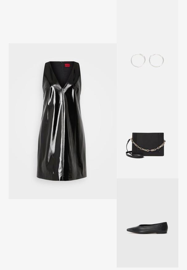 Robe noire sans manches avec un décolleté en V et une finition brillante et réfléchissante; elle comprend une fermeture éclair centrale et un design minimaliste.; Ballerines noires en cuir, à bout pointu, design minimaliste, texture lisse, talon bas, sans matériel ni embellissements visibles.; Sac bandoulière en cuir noir avec une texture lisse, de forme rectangulaire et un détail en chaîne métallique à l'avant. Sangle réglable incluse.; Boucles d'oreilles en argent avec un design rond et épuré, présentant une surface lisse et sans embellissements visibles. Diamètre non spécifié.