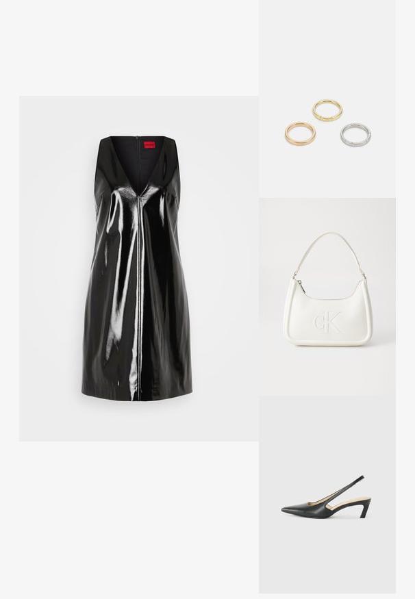 Robe noire sans manches avec un décolleté en V et une finition brillante et réfléchissante; elle comprend une fermeture éclair centrale et un design minimaliste.; Slingback noir à bout pointu avec un petit talon, en cuir lisse et doté d'un design découpé sur le côté pour plus de respirabilité.; Sac à main en cuir blanc avec une forme courbée, arborant un logo "CK" embossé à l'avant et une seule bandoulière. Fermeture à glissière en haut.; Trois anneaux en métal : un en or rose, un en or avec des accents texturés, et un en argent, tous avec une gravure de marque à l'intérieur de la bande.