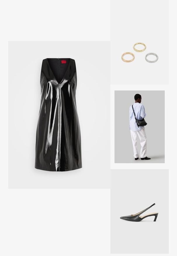 Fekete, ujjatlan ruha V-nyakkivágással és fényes, reflektáló felülettel; középen cipzárral és minimalista dizájnnal rendelkezik.; Fekete, hegyes orrú, slingback cipő alacsony sarkával, sima bőrből készült, oldalt kivágott deisgnal a légáteresztőképesség érdekében.; Fekete bőr válltáska puha tapintással, háromszög alakú, állítható pánttal, világoskék csíkos inggel és fehér nadrággal párosítva.; Három fémgyűrű: az egyik rose gold, a másik texturált akcentusokkal ellátott arany, a harmadik pedig ezüst, mindegyiken gravírozott márkajelzés található a belső sávon.