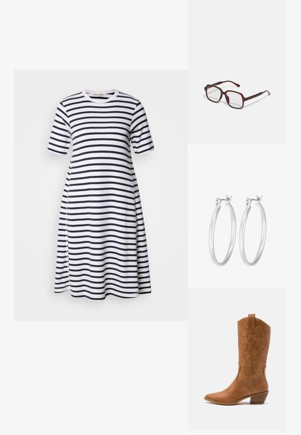 Ruutudega kleit, millel on lühikesed varrukad, ümar kaelus ja laienev siluett. Värvid on valge ja tumesinine, millel on ühtlased horisontaalsed triibud.; Kohvitooni nahast cowboy-kork, millel on terav varvas, tikitud keerised varrel ja virnastatud ploki konts. Omab tõmbeava, et seda oleks lihtne jalga panna.; Pruunid, ristkülikukujulised prilliraamid, millel on läbipaistvad läätsed ja lillakad tooni. Sile plastikraam otste kaared ja peente aksenditega.; Hõbedased rõngaskõrvarõngad, millel on sile, läikiv viimistlus. Ümmargune kuju ja turvaline klõpsulatus. Kerge disain, sobib igapäevaseks kandmiseks.