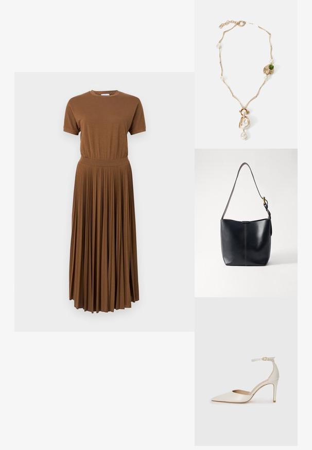 Rudos džersio suknelė su prigludusia viršutine dalimi ir klostuotu, laisvai krintančiu sijonu. Trumpomis rankovėmis ir apykakle su apvaliu iškirpimu. Lygi tekstūra visame paviršiuje.; Balti odiniai aukštakulniai batai su smailiu priekiniu galu, kulkšnies dirželiu ir siauru stiletu. Lygi tekstūra su subtiliu blizgiu paviršiumi.; Juodas odinis rankinės krepšys su lygiu paviršiumi, turintis ploną, ilgą dirželį ir subtilią siuvinėtą detalę per vidurį.; Auksinės spalvos apyrankė su susuktomis grandinėmis, baltais perlais ir žaliuoju akmeniu. Pasižymi sudėtingais detalėmis ir užsegimu.