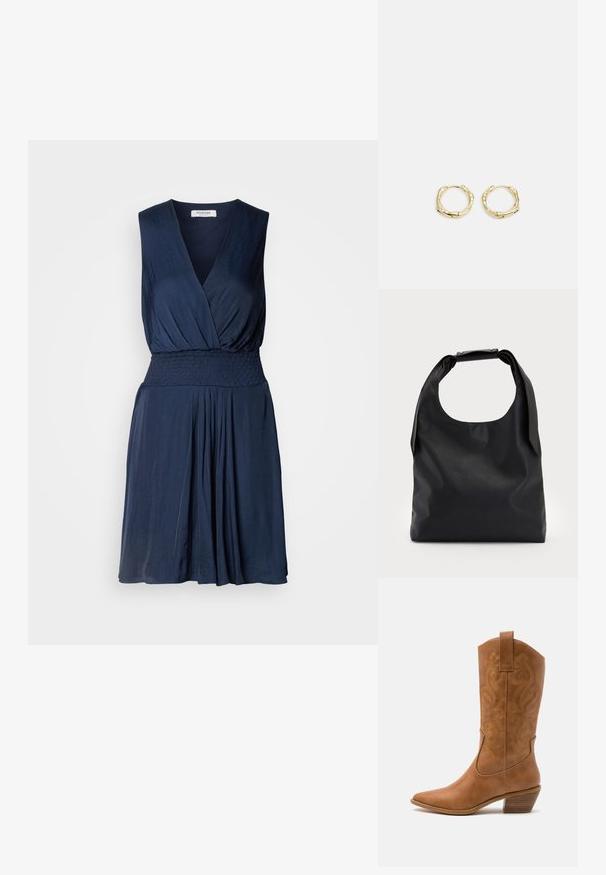 Temno modra brezrokavna obleka z globokim V-izrezom, nabrano pasom in raznoliko krilo. Narejena iz mehkega materiala, z diskretno teksturo.; Rjavi usnjeni kauboj čevlji s koničastim nosom, vezenimi vijugastimi vzorci na zgornjem delu in zloženim kvadratnim peto. Imajo zanko za enostavno obuvanje.; Črna usnjena torba hobo z enim mehkobnim, okroglim ročajem; ima gladko teksturo in minimalističen dizajn. Brez vidnih kovinskih delov ali poudarkov.; Zlate obročaste uhane z teksturirano, nepravilno obliko. Imajo brezšivno zapiranje in poliširano površinsko obdelavo, kar poudarja sodoben dizajn.