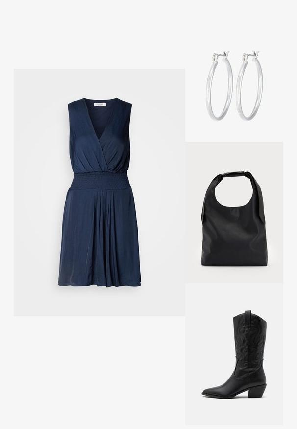 Marineblaues ärmelloses Kleid mit tiefem V-Ausschnitt, gerafftem Taillenbereich und schwingendem Rock. Hergestellt aus weichem Stoff mit feiner Textur.; Schwarze Leder-Cowboy-Stiefel mit spitzem Zeh, geprägten, wirbelnden Mustern und einem mittelhohen Absatz. Mit einem Zuglasche für einfaches An- und Ausziehen.; Schwarze Leder-Hobo-Tasche mit einem einzelnen, weichen, abgerundeten Griff; verfügt über eine glatte Textur und ein minimalistisches Design. Keine sichtbaren Beschläge oder Akzente.; Silberne Creolen mit einer glatten, polierten Oberfläche. Runder Form und sicherem Klickverschluss. Leichtes Design, geeignet für den täglichen Gebrauch.