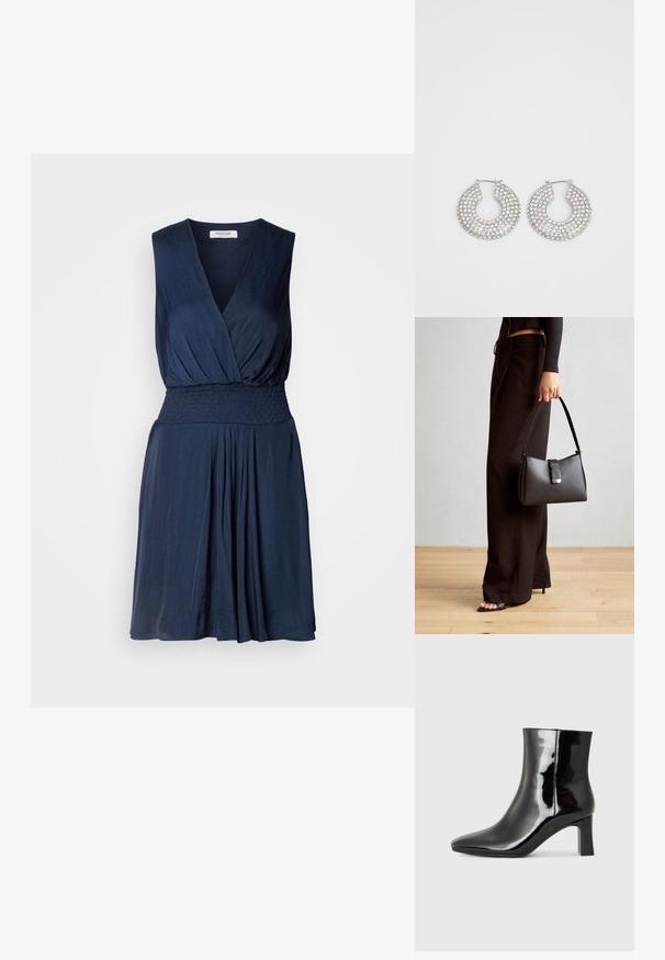 Tumši zils bezpiedurkņu kleita ar dziļu V veida kakla izgriezumu, elastīgu vidukli un izplestu svārku. Izgatavota no mīksta auduma ar smalku tekstūru.; Melnas patentētas ādas potīšu zābaki ar norādītu pirkstu un vidēja augstuma kvadrātveida papēdi. Gluda tekstūra un minimālisma dizains.; Melnā somiņa ar strukturētu formu, gludu tekstūru un metālu sprādzi. Saskaņota ar platām melnām biksēm un sandālēm ar atvērtu purngalu uz koka grīdas.; Sudraba gredzenveida auskari, kuros ir vairākas caurspīdīgas kristālu rotaslietas, ar teksturētu virsmu un atvērtu apļa dizainu.