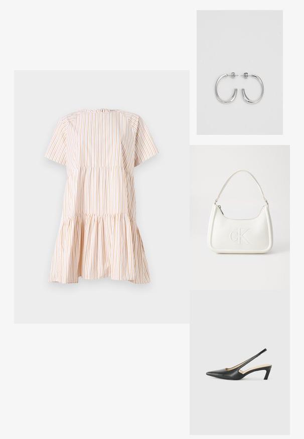 Kortærmet kjole i hvid og orange lodrette striber, med en sammensnøret brystdel og svajet kant. Fremstillet af letvægtsstof.; Sorte spidse slingback-sko med en lav hæl, lavet af glat læder og med udskæringer på siden for åndbarhed.; Hvid lædertaske med en buet form, der har et præget "CK"-logo på fronten og en enkelt skulderrem. Lynlåslukning i toppen.; Sølv hoop øreringe med en glat, skinnende overflade. Rundet form, letvægtsdesign med post-back lukning.