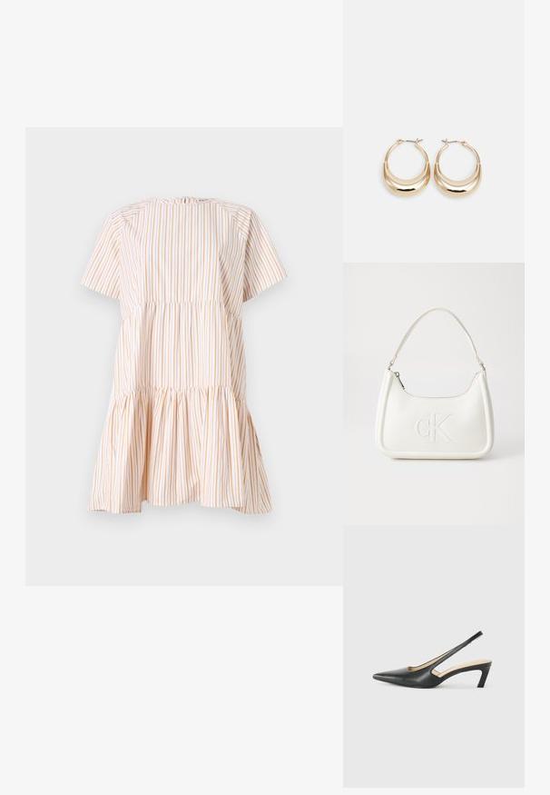 Kurzärmliges Kleid in weißen und orangefarbenen vertikalen Streifen, mit gerafftem Oberteil und ausgestelltem Saum. Hergestellt aus leichtem Stoff.; Schwarzer spitz zulaufender Slingback-Schuh mit niedrigem Absatz, der aus glattem Leder gefertigt ist und seitliche Ausschnitte für Atmungsaktivität aufweist.; Weiße Lederhandtasche mit abgerundeter Form, ausgestattet mit einem geprägten "CK"-Logo auf der Vorderseite und einem Einzel-Schultergurt. Reißverschluss oben.; Goldfarbene Creolen mit einer Halbmondform, polierter Oberfläche und Scharnierverschluss. Die glatte Textur und der reflektierende Finish verbessern die Sichtbarkeit.