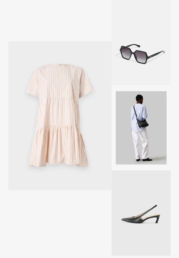 Lühikeste varrukatega kleit valgete ja oranžide vertikaalsete triipudega, millel on kokku kogutud rind ja laienev müts. Valmistatud kergest kangast.; Must mustaga, terav varvas, madala kontsaga sildiga king, mis on valmistatud siledast nahast ja mille küljel on lõike disain hingavuse tagamiseks.; Mustad kuuekülgsed prillid gradueeritud läätsedega, millel on läikiv viimistlus ja peene bränding põlvel. Vastupidav plastikust konstruktsioon.; Must have mustras alasi nahkpatsi, pehme tekstuuriga, kolmnurkse kujuga ja reguleeritava rihmaga, koos helesinise triibulise särgi ja valgete pükstega.