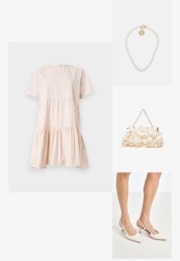 Haljina s kratkim rukavima u bijelim i narančastim vertikalnim prugama, s naboranim prorezom i lepršavim rubom. Izrađena od laganog materijala.; Bež cipele na petu od lakiranih koža s uskim vrhom i petom od 5 cm, s izrezanim stranama i tankim remenom oko gležnja.; Bijela cvjetna torba s nabranom površinom od tkanine, zlatnom lancem za nošenje i metalnim kopčanjem. Ima teksturirane latice kao dodatak detalju.; Lauren Ralph Lauren COLLAR - Ogrlica - gold-coloured/white