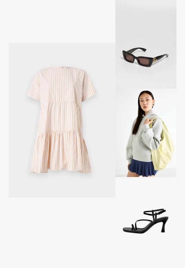 Robe à manches courtes à rayures verticales blanches et orange, avec un corsage froncé et un ourlet évasé. Fabriquée en tissu léger.; Sandales à talons en cuir noir avec des fines lanières, un bout carré et un talon aiguille. Bride de cheville réglable pour un ajustement parfait. Texture lisse.; Lunettes de soleil en écaille de tortue noire avec des verres rectangulaires, teinte marron, épais cadre et détail de logo double-G doré sur la branche.; Sweat-shirt oversized gris avec une poche kangourou, associé à une jupe évasée marine. Accessoire : grand sac à dos jaune clair, texture lisse.