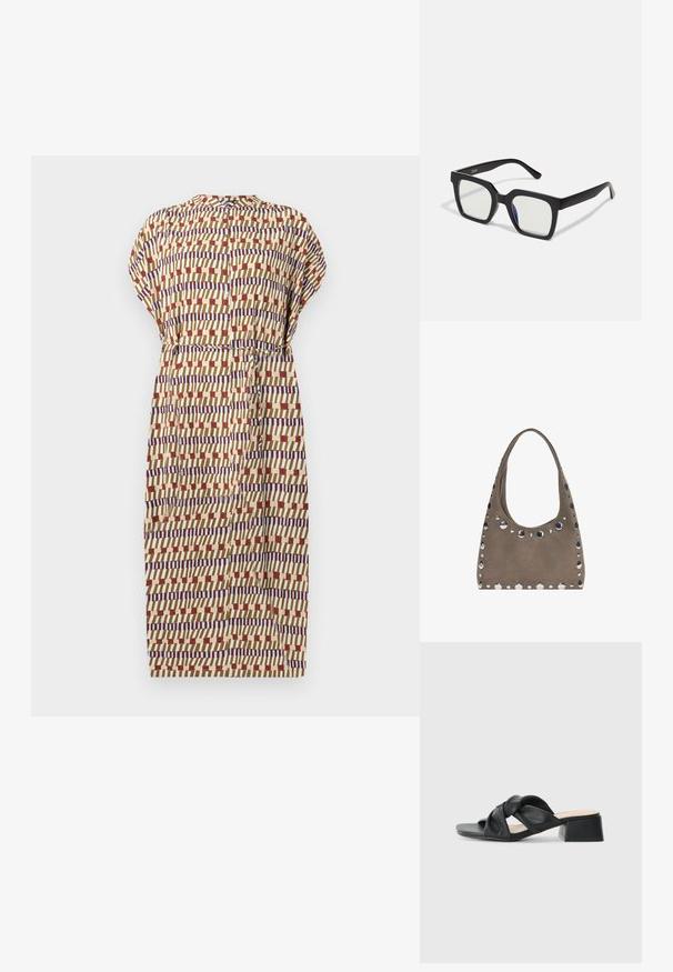 Rövid ujjú bézs ruha, piros, kék és krémszínű geometriai mintával. Ráncolt derék és gombos díszítés a hátsó részen.; Fekete bőr szandál csavart felsőrész kialakítással, négyzetes orral és alacsony blokk sarkával, sima textúrával és minimalista stílussal.; Fekete négyzet alakú napszemüveg matt felülettel, átlátszó lencsékkel, az egyik oldalon enyhe kékes árnyalattal. Robusztus, szögletes dizájn.; PULL&BEAR SHOPPER - Bevásárlótáska - grey