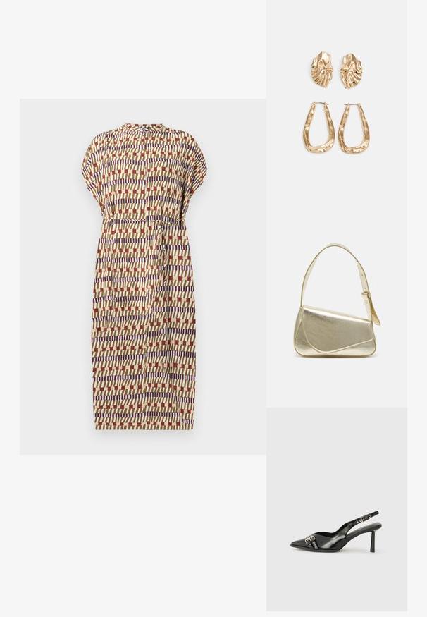 Kratka haljina s kratkim rukavima u bež boji, s geometrijskim uzorkom u crvenoj, plavoj i krem boji. Naborani struk i dugmad na leđima.; Crna lakirana slingback cipela s izduženim vrhom, remenčićima oko gležnja s srebrnim kopčama i dijelovima, te vitkim potplatom.; Zlatna metalna torba s uređenim dizajnom, glatkom teksturom i podesivim remenom. Ima jedinstven trokutasti oblik i minimalističko šivanje.; Naušnice zlatne boje s teksturiranim, valovitim oblicima. Uključuju skulpturalne kopče i dizajn otvorene kružnice s kovanom završnom obradom.