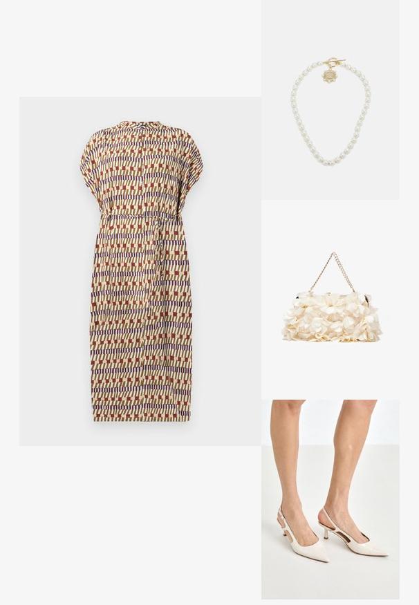 Korte mouw jurk in beige, met een geometrisch patroon in rood, blauw en crème. Gevergde taille en knoopdetails op de rug.; Beige gepatineerde leren slingback hakken met een spitze neus en een hak van 5 cm, met uitsparingen aan de zijkanten en een dunne enkelband.; Witte bloemenhandtas met een gatherend stoffen oppervlak, gouden kettingriem en metalen sluiting. Heeft textuur op de bloemblaadjes voor extra detail.; Lauren Ralph Lauren COLLAR - Ketting - gold-coloured/white