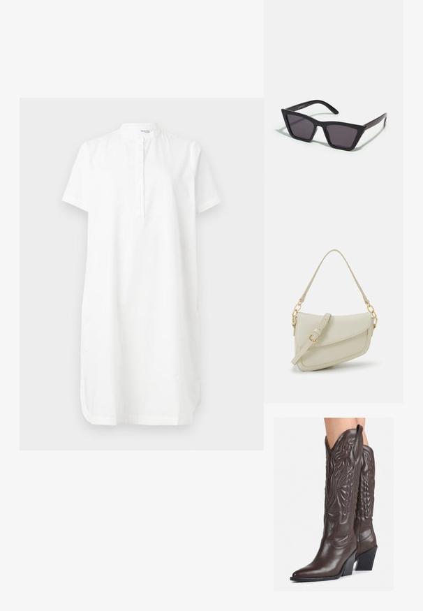 Rochie albă, cu mânecă scurtă, din bumbac, cu guler în picioare, închidere cu nasturi și buzunare laterale, cu o croială lejeră și formă dreaptă.; Bocanci de cowboy din piele maro, cu vârf ascuțit și toc pătrat, având cusături detaliate și accente ridicate pe tijă.; Ochelari de soare negri, unghiulari, cu lentile gri; fabricați din plastic, având brațe groase cu o suprafață netedă și fără hardware vizibil.; Geantă mică de crem cu un finisaj texturat, curea lungă și ajustabilă, accent cu lanț și închidere cu clapetă. Detalii din hardware aurie.