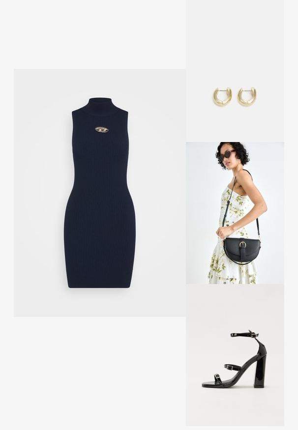 Abito senza maniche a costine blu navy con colletto alto e un accento di emblema dorato sul petto. Il materiale sembra morbido e aderente.; Sandali con tacco in vernice nera, con punta squadrata, cinturini alla caviglia e fibbie in argento. Presentano un tacco a blocco spesso per maggiore stabilità.; Borsa a tracolla nera in pelle con una forma curva, manico rimovibile e accessori dorati. La borsa presenta una patta con un dettaglio a fibbia.; Orecchini a cerchio in tono oro con una finitura liscia e lucida. Presentano una forma a mezza luna e una chiusura a perno sicura.