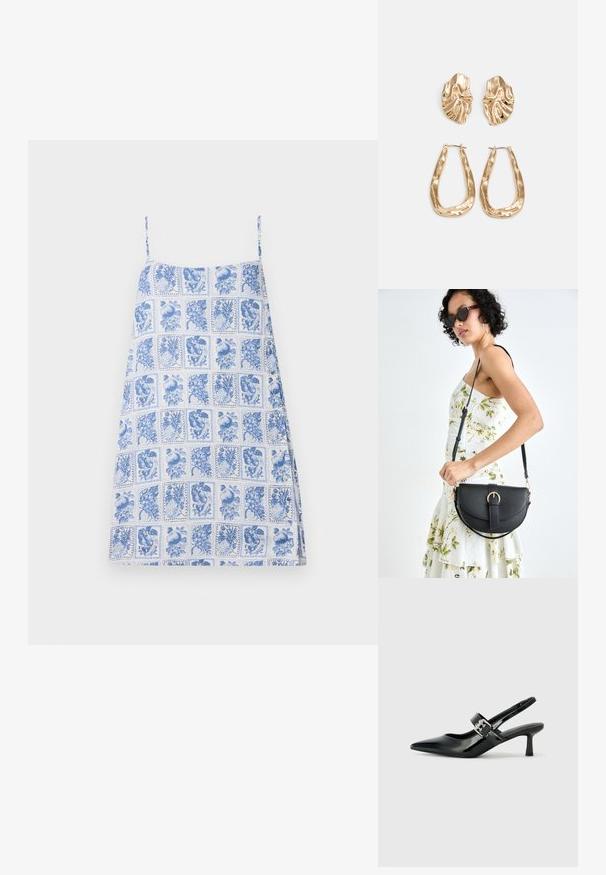 Robe à motifs bleus et blancs avec des fines bretelles ; présente un motif en grille d'illustrations florales et de fruits ; tissu léger, coupe ample.; Escarpins slingback en cuir verni noir avec un bout pointu et un petit talon bloc, mettant en avant un accent en boucle argentée sur la sangle.; Sac à main en cuir noir avec une forme courbée, bandoulière amovible et des accessoires en or. Le sac est doté d'un rabat avec un détail de boucle.; Boucles d'oreilles dorées présentant des formes texturées et ondulées. Comprend des clips sculpturaux et un design de créoles ouvertes avec une finition martelée.