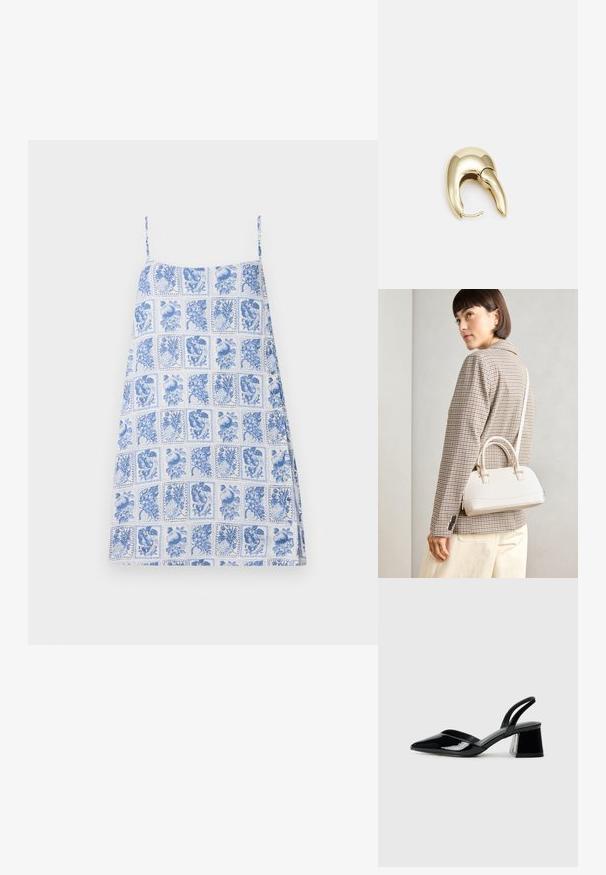 Robe à motifs bleus et blancs avec des fines bretelles ; présente un motif en grille d'illustrations florales et de fruits ; tissu léger, coupe ample.; Escarpins en cuir verni noir avec bout pointu et talon bloc géométrique. Présente un design élégant et minimaliste ainsi qu'une texture lisse.; Sac à main structuré blanc avec de courtes poignées et une bandoulière, doté de accents en métal doré et d'un matériau texturé, présenté sur un fond gris.; Boucle d'oreille en métal doré avec un design élégant et courbé. Présente une forme conique distinctive, une surface polie et une fermeture à charnière.
