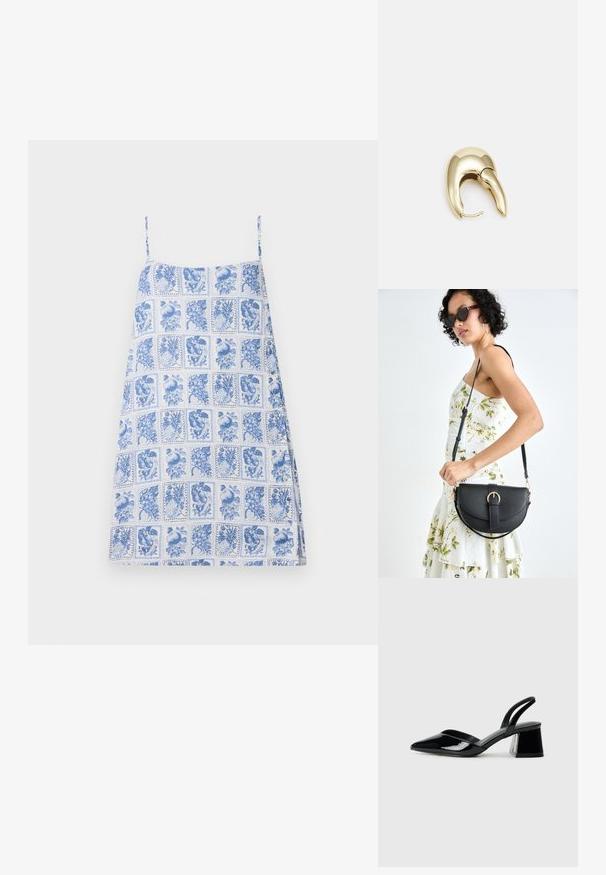 Ein blau-weiß gemustertes Kleid mit dünnen Trägern; zeigt ein Gitter aus Blumen- und Obstillustrationen; leichtes Material, lockere Passform.; Schwarze Lackleder-Slingback-High Heels mit spitzem Schuh und einem geometrischen Blockabsatz. Verfügt über ein schlankes, minimalistisches Design und eine glatte Textur.; Schwarze Lederhandtasche mit geschwungener Form, abnehmbarem Tragegurt und goldenen Beschlägen. Die Tasche verfügt über einen Deckel mit einer Schnallen-Details.; Ohrringe aus goldfarbenem Metall mit einem schlanken, geschwungenen Design. Sie verfügen über eine markante, spitze Form, eine polierte Oberfläche und einen Scharnierverschluss.