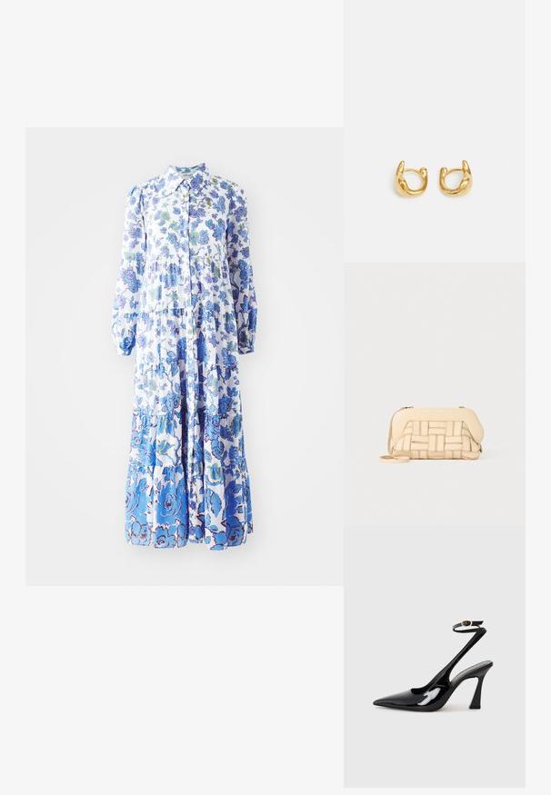 Sukienka maxi w kwiatowy print w jasnoniebieskim i białym kolorze. Posiada zapięcie na guziki z przodu, długie bufiaste rękawy oraz warstwowy dół z różnymi wzorami.; Czarne lakierowane szpilki slingback na wysokim obcasie z wydłużonym noskiem, regulowanym paskiem na kostce i umiarkowanym obcasem w kształcie bloku. Gładka struktura z błyszczącym wykończeniem.; Tkaniana beżowa torebka o ustrukturyzowanym designie, z gładką górą i długim paskiem. Teksturowane detale podkreślają ogólny wygląd.; Złote kolczyki w kształcie hoop charakteryzujące się gładkim, zaokrąglonym wzornictwem z połyskliwym wykończeniem. Kolczyki mają kompaktowy, masywny kształt oraz bezszwowy zamek.