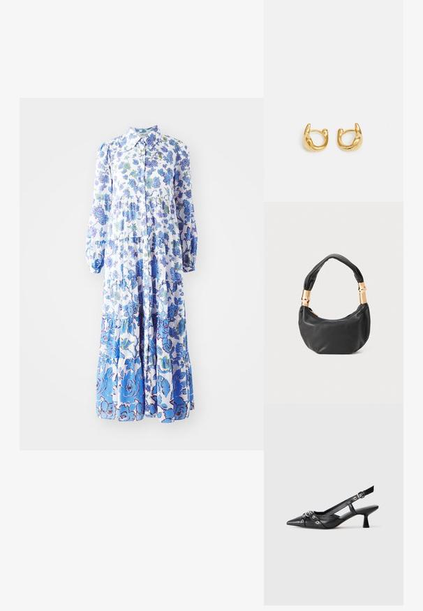 Virágmintás, világoskék és fehér maxiruha. Jellemzője a gombos elöl záródás, hosszú puffos ujjú kialakítás és a különböző mintázatokkal díszített szabdalt szegély.; Fekete bőr slingback cipő hegyes orral, dekoratív pántokkal, fém szemekkel és alacsony blokk sarkú. Texturált felület.; Fekete bőr kézitáska kerek formával, puha textúrával és csomózott fogantyúval, aranyszínű fém díszítéssel. Cipzáras záródás.; Arany karika fülbevalók sima, lekerekített kialakítással, fényes felülettel. A fülbevalók kompakt, tömzsi formájúak, és zökkenőmentes kapoccsal rendelkeznek.