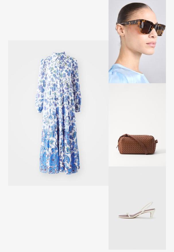 Rochie maxi cu imprimeu floral în nuanțe de albastru deschis și alb. Prezintă un nasture pe față, mâneci lungi tip balon și o poale în mai multe straturi cu modele variate.; Sandale albe cu toc mic, curele subțiri și o textură netedă din piele; prezintă o cataramă decorativă mică.; Ochelari de soare cu ramă rectangulară, groasă, din material tortoiseshell. Lentile întunecate și accente aurii pe brate. Finisaj lucios și neted.; Geantă din piele împletită, de culoare maro, cu formă rectangulară, textură netedă, închidere cu fermoar și curea de umăr. Prezintă mânere laterale și accente aurii.