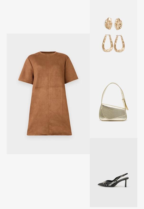 Vestido curto em camurça castanha, com mangas curtas e gola redonda, apresentando detalhes de costura vertical e horizontal na parte da frente.; Sapato slingback preto em pele patentada com bico apontado, tiras no tornozelo apresentando fivelas e acessórios prateados, e um salto elegante.; Bolsa de mão metálica dourada com um design estruturado, textura suave e alça ajustável. Apresenta uma forma triangular única e costura minimalista.; Brincos em tom de ouro com formas onduladas e texturizadas. Inclui studs escultóricos com presilha e um design de argola aberta com um acabamento martelado.