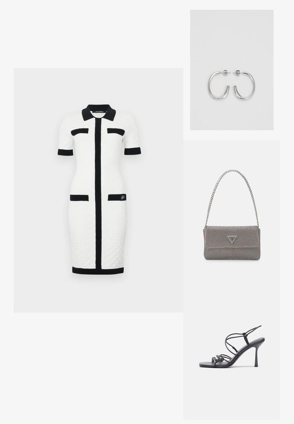 Balta kleita ar teksturētu rakstu, īsām piedurknēm, melnu apkakli un akcentiem, priekšējo rāvējslēdzēju un divām melnām kabatām priekšā.; Melnas augstpapēžu sandales ar plāniem siksniņām un mezgla dizainu, gluda kvadrātveida purngalu un elegantu stiletto papēdi.; Gaiši pelēka metāla rokassoma ar ķēdes siksnu, rotāta ar mazām apaļām metāla kniedēm un trīsstūra zīmola logo.; Sudraba stīpas auskari ar gludu, spīdīgu virsmu, izceļas ar izliektaveida formu un aizdari ar tapu. Minimālistisks dizains ar mūsdienīgu apdari.
