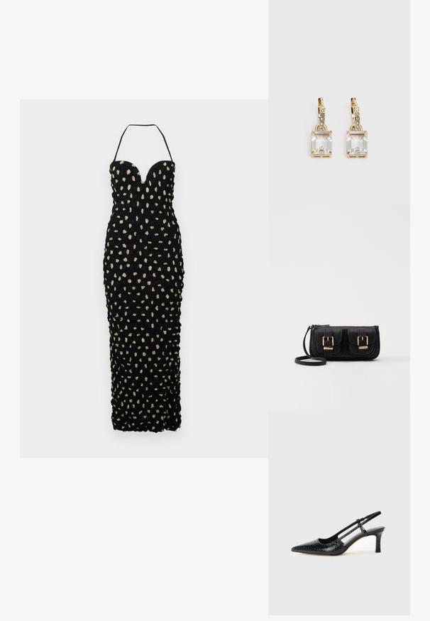 Nanushka HAYLEN - Alkalmi viselet - polka; Fekete lakk slingback sarok, hegyes orral, texturált kígyómintával, állítható pánttal és rövid, texturált tömbsarkal.; Fekete bőr keresztbody táska két elülső zsebbel, arany csattokkal, cipzáras záródással és vékony pánttal. Textúrált felület és kompakt téglalap alak.; Aranyszínű fülbevalók, melyek egy téglalap alakú, tiszta kristállyal díszítették, ami egy sor kis, kerek, tiszta kiegészítő alatt lóg. Letisztult, modern dizájn.