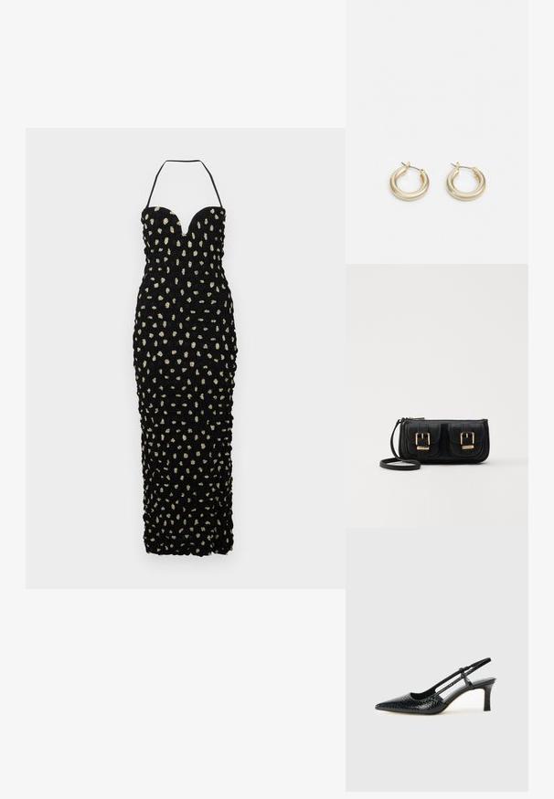Nanushka HAYLEN - Proginė apranga - polka; Juodai lakuoti slingback aukštakulniai su smailiu nosiu, su tekstūruotu gyvatės raštu, reguliuojama juosta ir trumpu, tekstūruotu blokiniu kulnu.; Juodas odinis per petį nešiojamas krepšys su dviem priekiniais kišenėmis, auksiniais sagtimis, užtrauktuko uždarymu ir siauromis petnešomis. Textūruota paviršius ir kompaktiškas stačiakampis formatas.; Lauren Ralph Lauren BASIC SMALL HOOP - Auskarai - gold-coloured