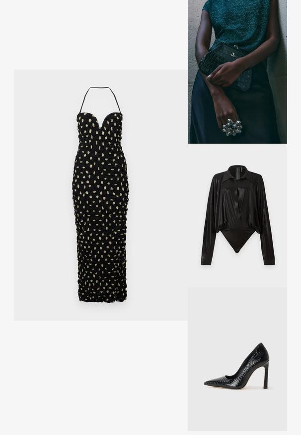 Nanushka HAYLEN - Oblečenie na špeciálnu príležitosť - polka; Čierny body s dlhými rukávmi, výstrihom do V a priliehavým strihom. Vyrobené z lesklého, hladkého materiálu so štruktúrovaným golierom a manžetami.; Čierna lodička s špicatou špičkou a lakovanou textúrou krokodíla, s elegantným dizajnom, vysokým stiletto podpätkom a hladkým čiernym interiérom.; Čierna clutch kabelka s krokodílovým vzorom a striebornými kovovými prvkami, držaná proti textúrovanému sivému pozadiu. Má lesklý povrch.
