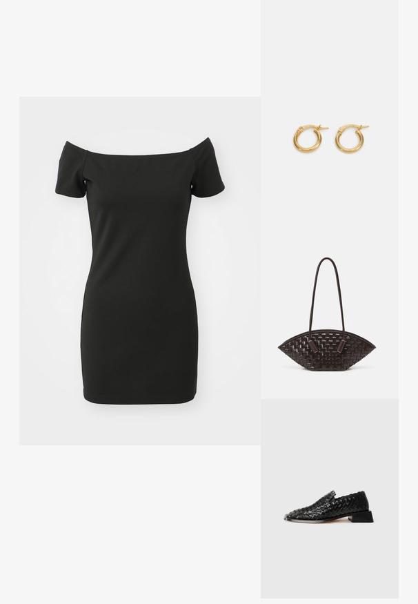 Melna kleita bez pleciem, izgatavota no elastīga materiāla, ar īsām piedurknēm un pieguļošu siluetu. Gluda tekstūra bez rakstiem.; Melnas ādas austus ievilkšanas kurpes ar zemu bloku papēdi un viļņotu malu, attēlotas uz baltā fona.; THEMOIRè OLIMPIA - Rokassoma - fondant; Zelta auskari ar pulētu virsmu, ar vienkāršu apaļu formu un drošu aizdari. Vienkāršs dizains bez papildu rotājumiem.