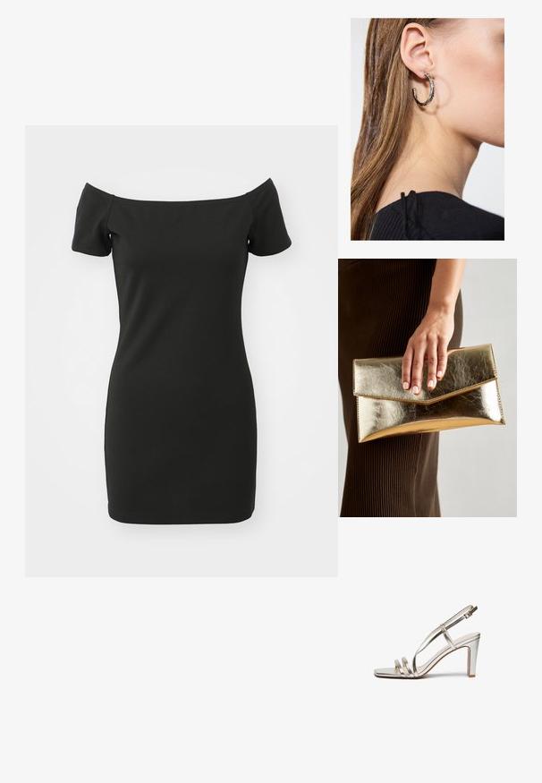Čierne off-the-shoulder šaty vyrobené z elastického materiálu, s krátkymi rukávmi a priliehavým strihom. Hladká textúra bez vzorov.; Metalické strieborné sandále na vysokom podpätku s otvorenou špičkou, s tromi tenkými popruhmi cez nohu a remienkom okolo členka so sponou.; Zlatá metalická kabelka cez plece s hladkým povrchom, ktorá má trojuholníkové uzavretie. Ruka ju drží a má starostlivo upravené nechty.; Strieborná kruhová náušnica s lesklým povrchom, obsahujúca malé zlaté akcenty a okrúhly tvar, nosená na lalôčiku ucha.
