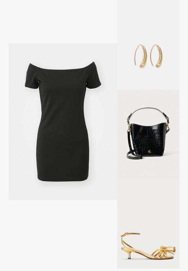 Fekete, váll nélküli ruha rugalmas anyagból, rövid ujjakkal és testhezálló szabással. Simaszerkezet, minták nélkül.; Aranyszínű, fémes magassarkú szandál vékony pántokkal, textúrázott masni részlettel elöl, és alacsony kitten sarokkal. Sima felületi kidolgozás.; Fekete krokodil bőrhatású táska ívelt formával, arany színű fémalkatrészekkel, állítható pánttal és logó részlettel elöl.; Aranyszínű fémből készült karika fülbevalók ívelt, hosszúkás formával. Simaságával és fényes felületével, valamint lekerekített végével további részletekkel bővül.