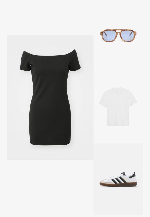 Melna kleita bez pleciem, izgatavota no elastīga materiāla, ar īsām piedurknēm un pieguļošu siluetu. Gluda tekstūra bez rakstiem.; Balta kokvilnas t-kreklā ar īsām piedurknēm, apaļu kakla izgriezumu un taisnu apakšmalu. Gluda tekstūra, minimālistisks dizains bez rakstiem vai akcentiem.; Baltas ādas sneakers ar melniem zamšādas akcentiem, trim melnām svītrām, bēša gumijas zolēm un zelta "SPEZIAL" zīmolu sānos.; Lūpu tauri ar zilu stiklu, leņķveida dizains, biezs rāmis un deguna tilta izgriezums; satur zelta akcentu templī.