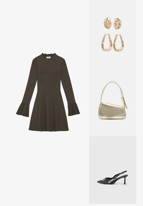 Hosszú ujjú, olíva zöld ruha, testhez álló felsőrésszel, kihajtott ujjakkal és fodros nyakkal. Texturált anyag, enyhén bővülő szoknyával.; Fekete lakk bőr, hegyes orrú slingback cipő, boka pántokkal, ezüst csatokkal és hardverelemekkel, valamint karcsú sarkú.; Arany fémes kézi táska, strukturált dizájnnal, sima felülettel és állítható pánttal. Egyedi háromszög alakú, minimalistának mondható varrásokkal rendelkezik.; Aranyszínű fülbevalók, texturált, hullámos formákkal. Tartalmazza a szobrászati klipszes studokat és az open hoop kialakítást, kalapácsos felülettel.