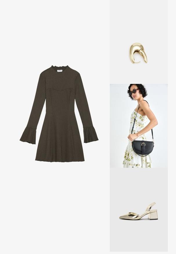 Langermet olivengrønn kjole med tettsittende liv, flagrende ermer og volang halslinning. Teksturert stoff med noe flagrende skjørt.; Gull, metallisk slingback-hæler med spiss tå og chunky hæl. Glatt tekstur, minimalistisk design og en smal stropp.; Svart lærveske med en buet form, avtagbar stropp og gullbeslag. Vesken har et klaff med spenne-detall.; Gullfarget metalløredobber med et elegant, buet design. Har en karakteristisk spiss form, polert overflate og hengsel-lukking.