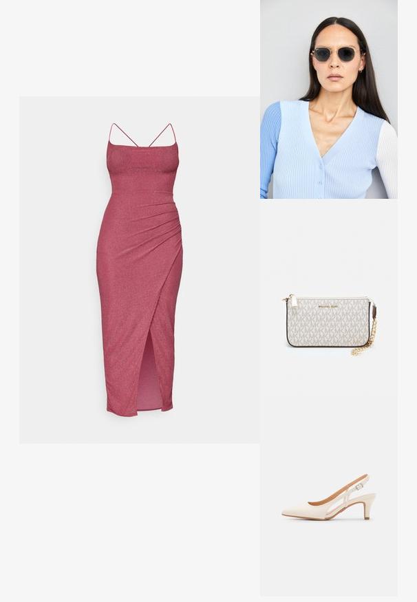 Rochie midi roz mulată, cu bretele subțiri de tip spaghetti, realizată dintr-un material strălucitor, cu o fanta pe lateral și detalii pliate în față.; Sandaie cu toc alb, cu vârful ascuțit, material superior neted, toc mic tip bloc și design cu decupaj lateral, cu curea ajustabilă.; Ochelari de soare rotunzi cu lentile întunecate și rame aurii. Modelul poartă un cardigan ribbed de culoare albastru deschis cu nasturi și mâneci albe în contrast.; Clutch Michael Kors din canva acoperit bej, cu un model repetitiv al logo-ului MK, accesorii din aur și o curea cu lanț detașabil.