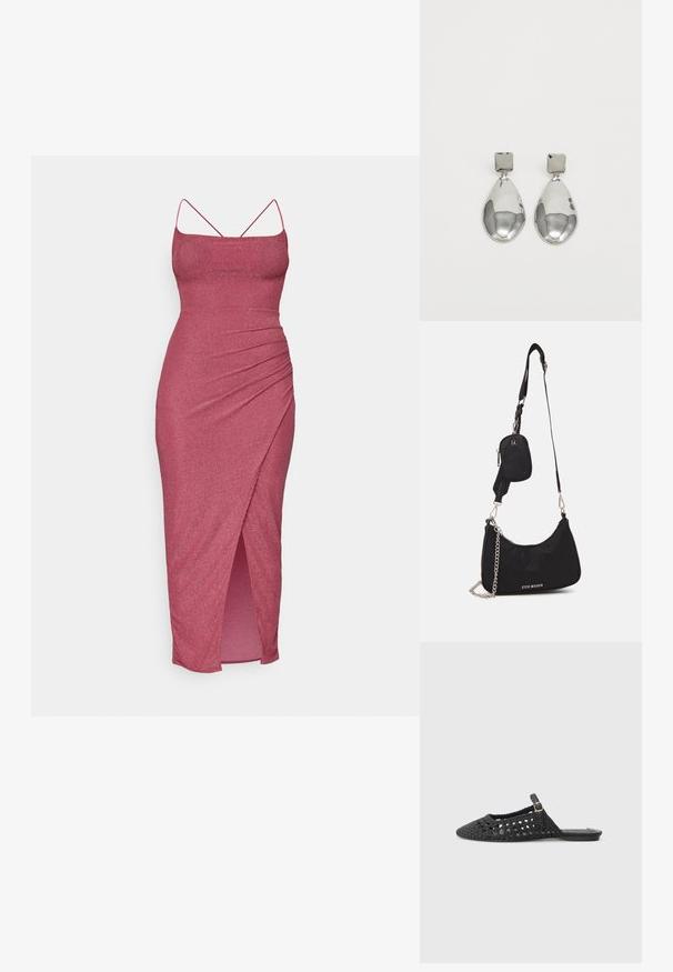 Fitted pink midi dress with thin spaghetti straps, made of shimmery fabric, featuring a side slit and ruched detailing on the front.; Black woven slingback shoe with a pointed toe, textured material, side buckle detail, and flat sole.; Black nylon shoulder bag with a curved shape, silver chain accent, detachable mini pouch, and adjustable strap; features "Steve Madden" logo.; Silver drop earrings with a square stud, featuring a smooth, polished finish and a teardrop shape, reflecting light with a glossy surface.
