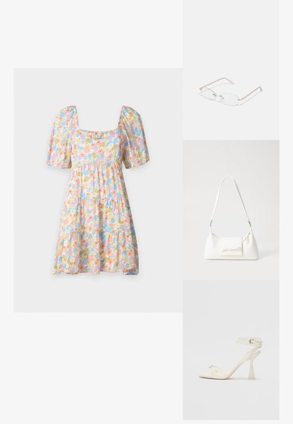 Floral dress with short puff sleeves, square neckline, and tiered ruffle design. Light fabric features pastel flowers in pink, blue, and green.; Strappy high-heeled sandal in white leather with a sleek design, a transparent block heel, and a decorative element at the toe.; Gold metal eyeglasses with oval lenses, slim arms, and clear nose pads. Features subtle hinge accents and transparent lenses.; White synthetic handbag with a triangular shape, flat front flap and bow detail, adjustable strap, smooth texture, and minimalistic design.